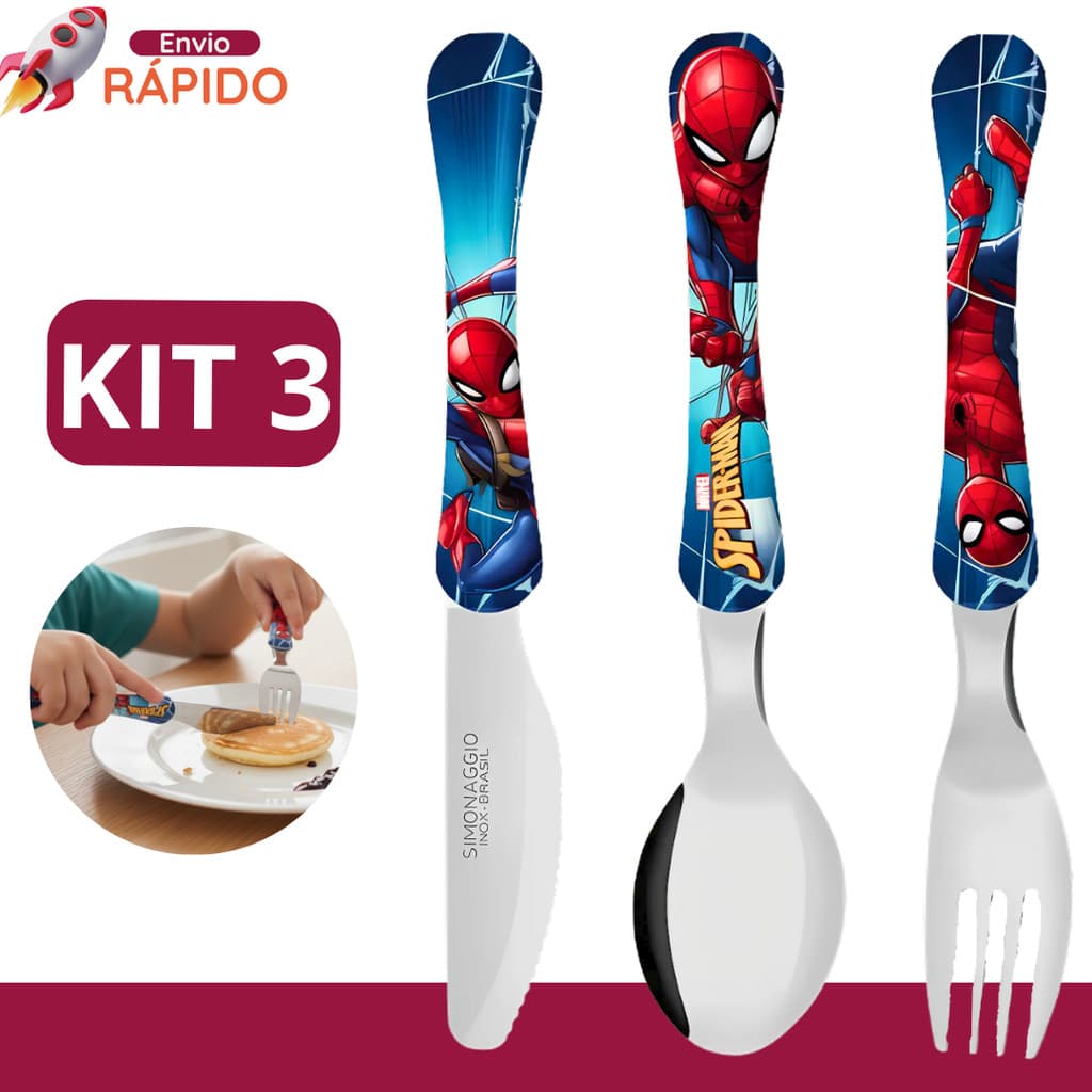 Kit 3 Talheres Infantis Homem Aranha Colher + Garfo + Faca Inox Disney Super Herói Para Lancheira