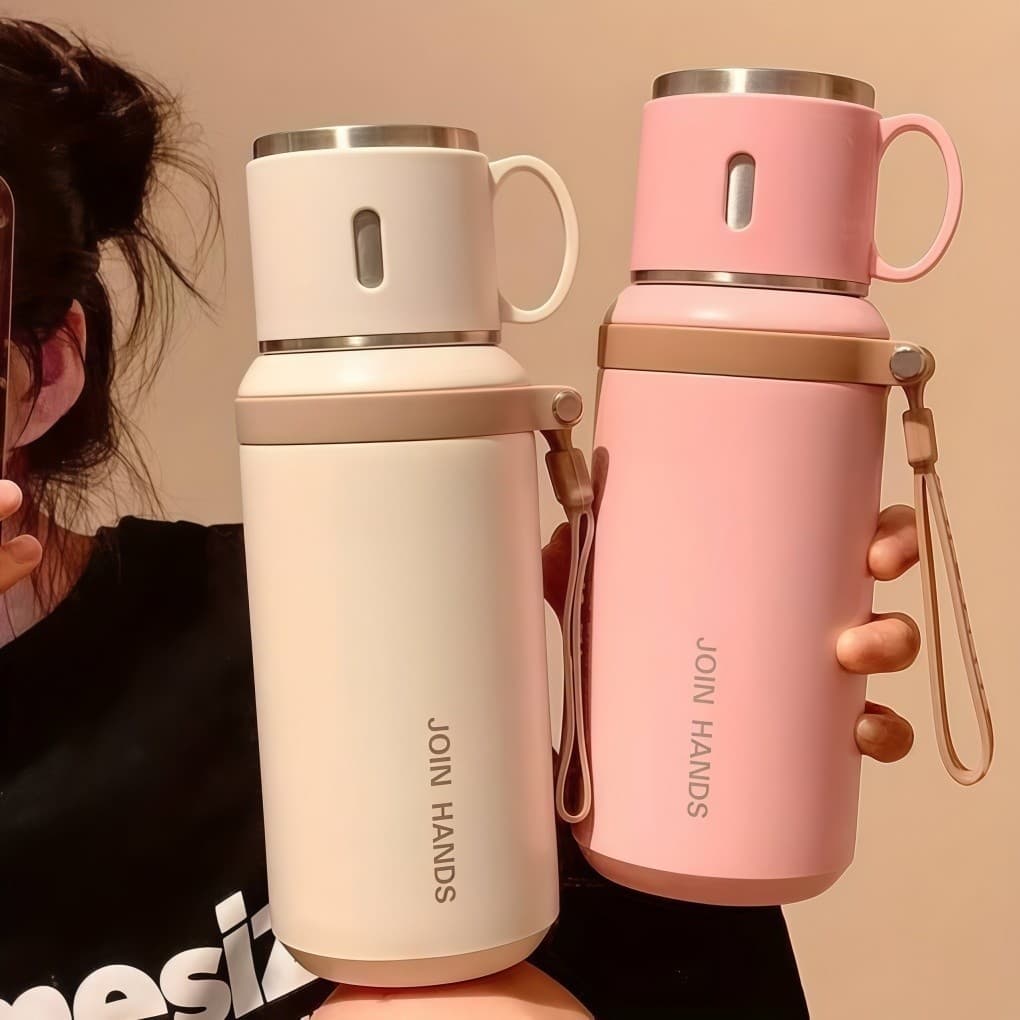 Garrafa Térmica 600ML de Aço Inoxidável com Copo Integrado, Infusor de Chá e Alça Portátil para Bebidas Quentes e Frias