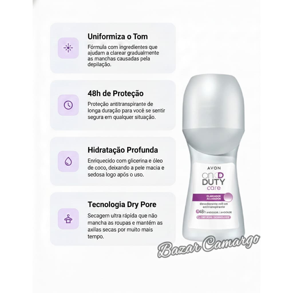 Kit com 3,5 ou 10 Desodorantes Clareador de Axilas Antitranspirante Roll-On Avon On Duty Care 48ml