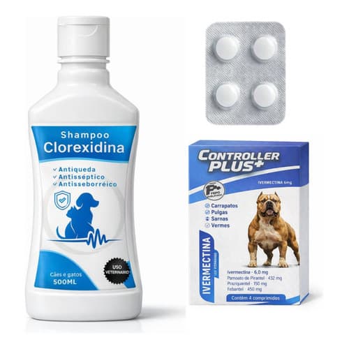 Kit Antipulgas Ivermectina 6mg + Shampoo Clorexidina - Sarna Vermes Carrapatos e Pulgas