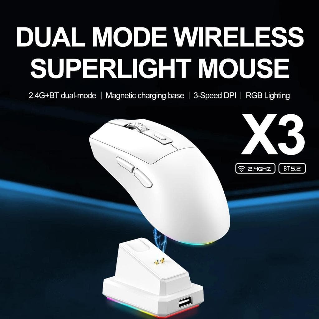 X3 Mouse Sem Fio Modo Duplo 2.4G Conexão Bluetooth 1600 DPI Ajustável Leve Para Jogos RGB Luz Suporte De Carregamento Ma