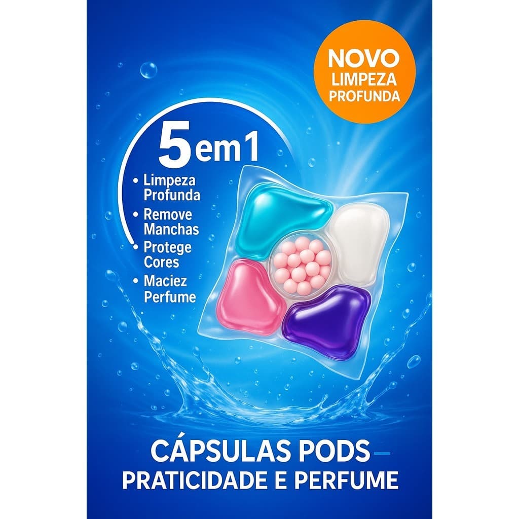 Lava Roupas em Cápsula 12 Unid – 5em1 Limpeza Profunda, Tira Manchas e Perfuma