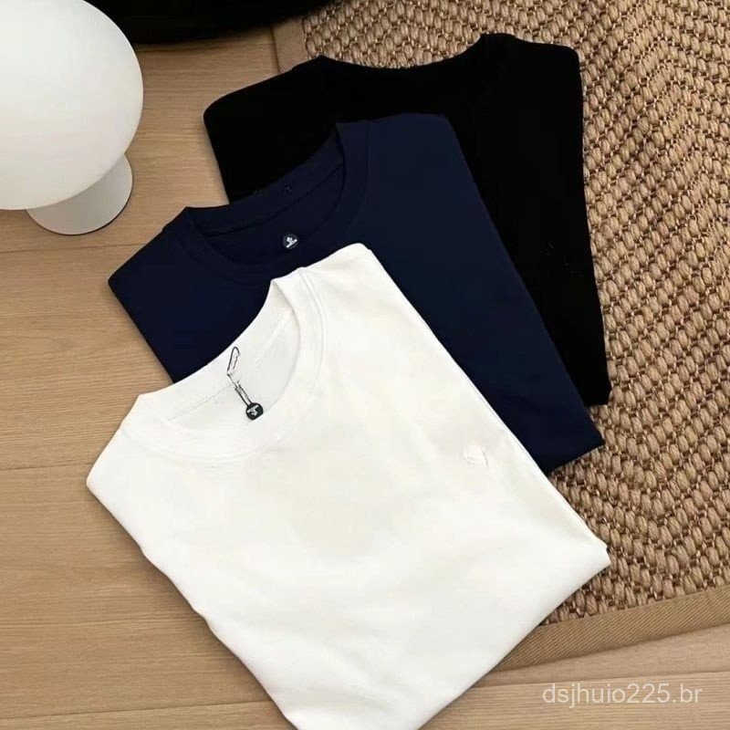 M2025 Nova Camiseta de Manga Curta Larga de Algodão com Gola Redonda e Logo Bordado para Homens e Mulheres Primavera/Ver