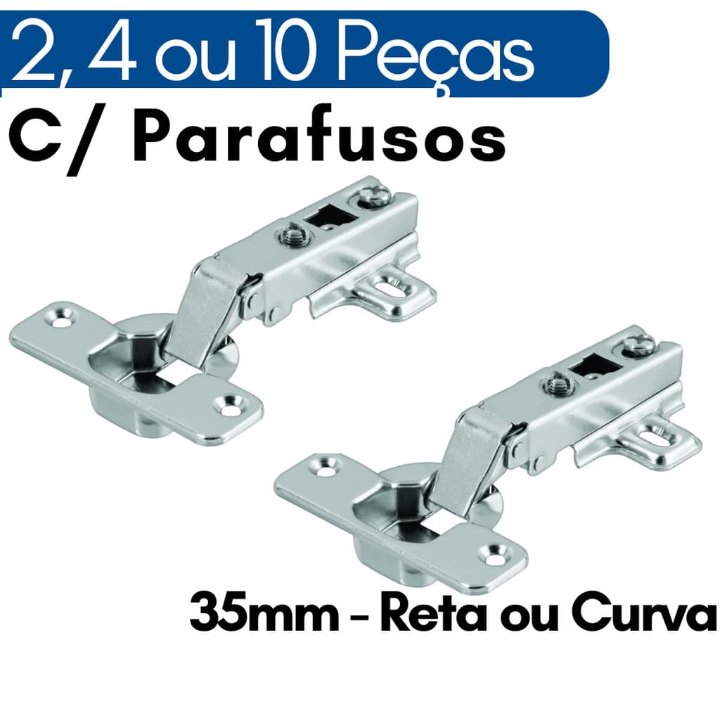 Dobradiça para Moveis 35mm Kit Dobradiças Reta e Curva p Armario Guarda Roupa Marcenaria c Parafuso
