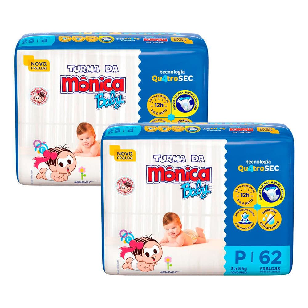 Kit 2 Fralda Turma da Mônica Baby Tamanho P Pacote Mega 62 Unidades Descartáveis