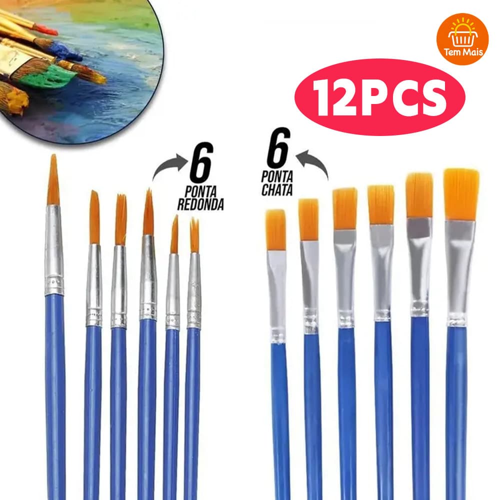 Kit12/24 Pincel Nylon Prof Ponta Fina Detalhe e ChatoCerdas Macias Não Solta Pelo p/ Guache Acrílica Aquarela Artesanato