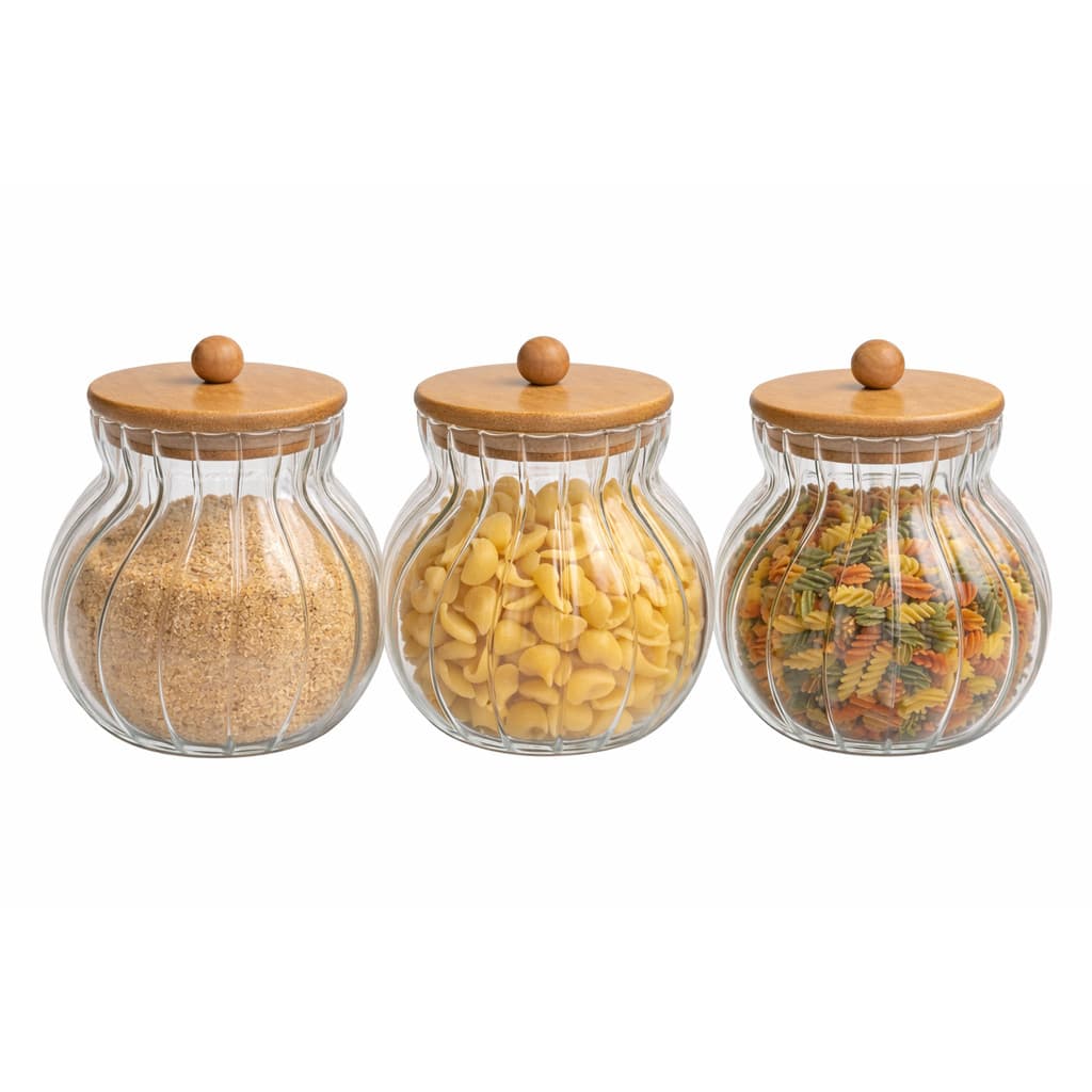 Kit 3 Porta Mantimentos Vidro Tampa Bambu Classic 700ml Wolf