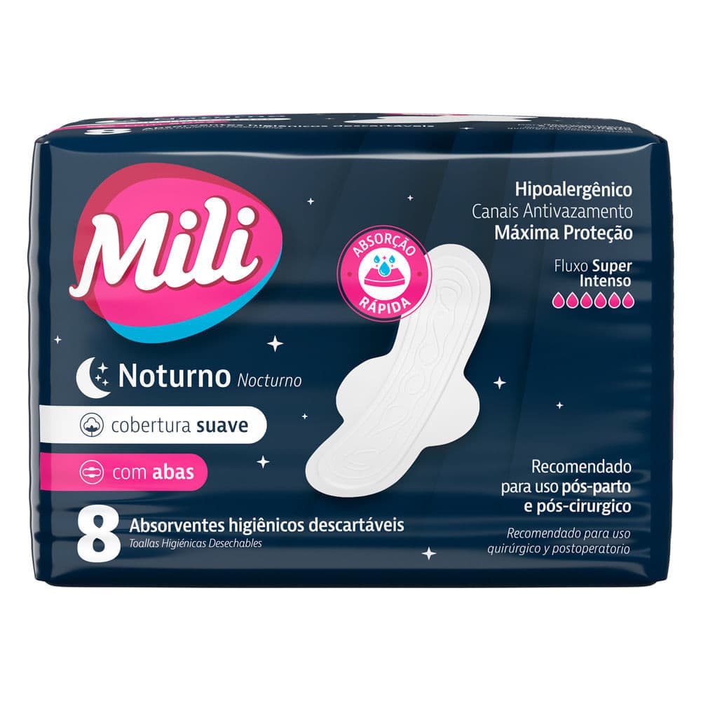 Absorvente Mili Noturno Suave com Abas 8 Unidades