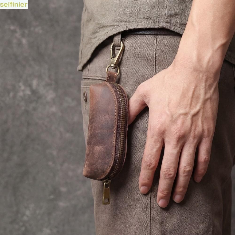 SEIFINIER Mini Bolsa De Moedas De Couro , Chaveiro Masculina Anti-Perda De Grande Capacidade , Cor Sólida
