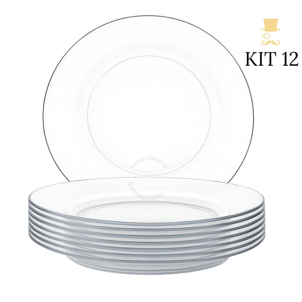 Kit 4/8/12 Pratos Fundo Liso de Vidro -  Transparente e Resistente