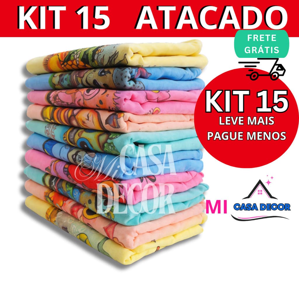 Kit 15 Pano De Prato Colorido Grande Atacado Algodão De Cozinha Estampado