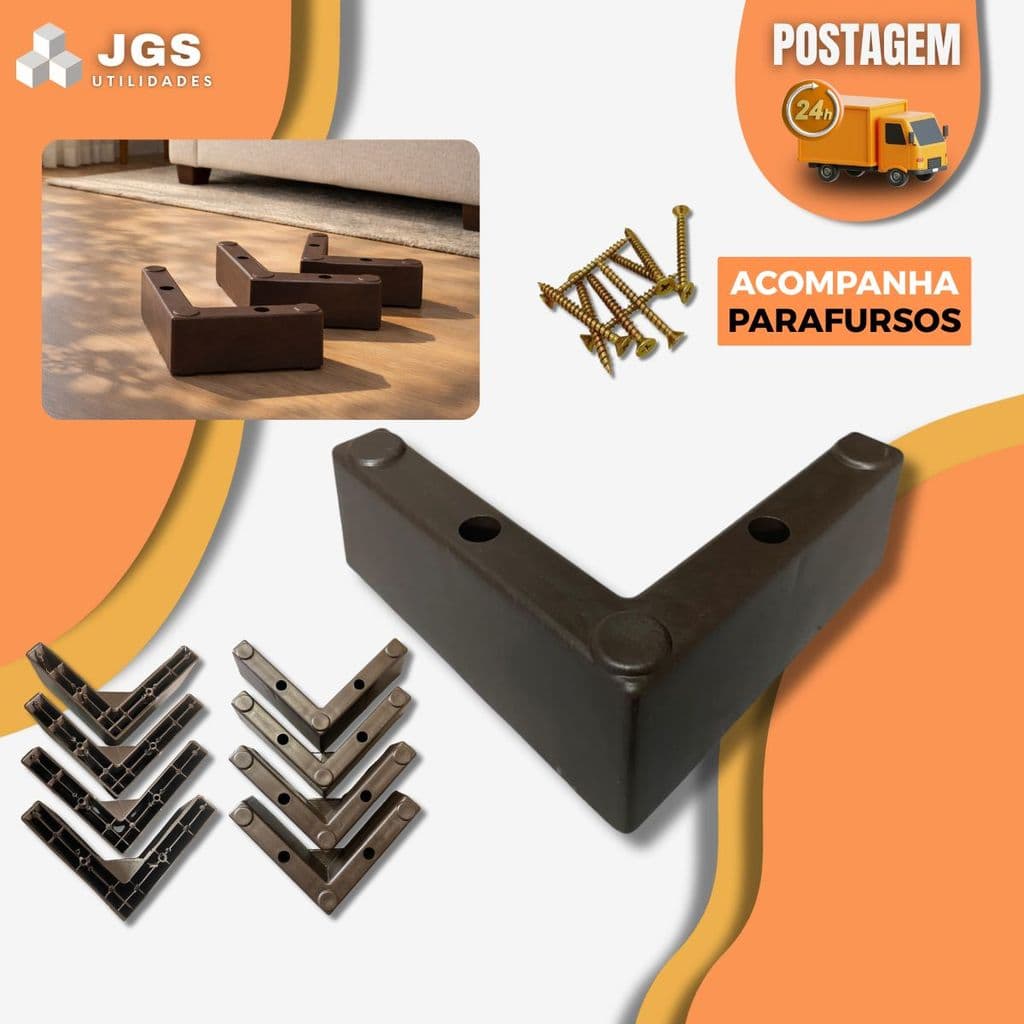 Kit Pé Cantoneira em L Para Sofá Canto Puff Poltrona Plástico Móveis Marrom 4, 6, 8, 10, 12 Unid.