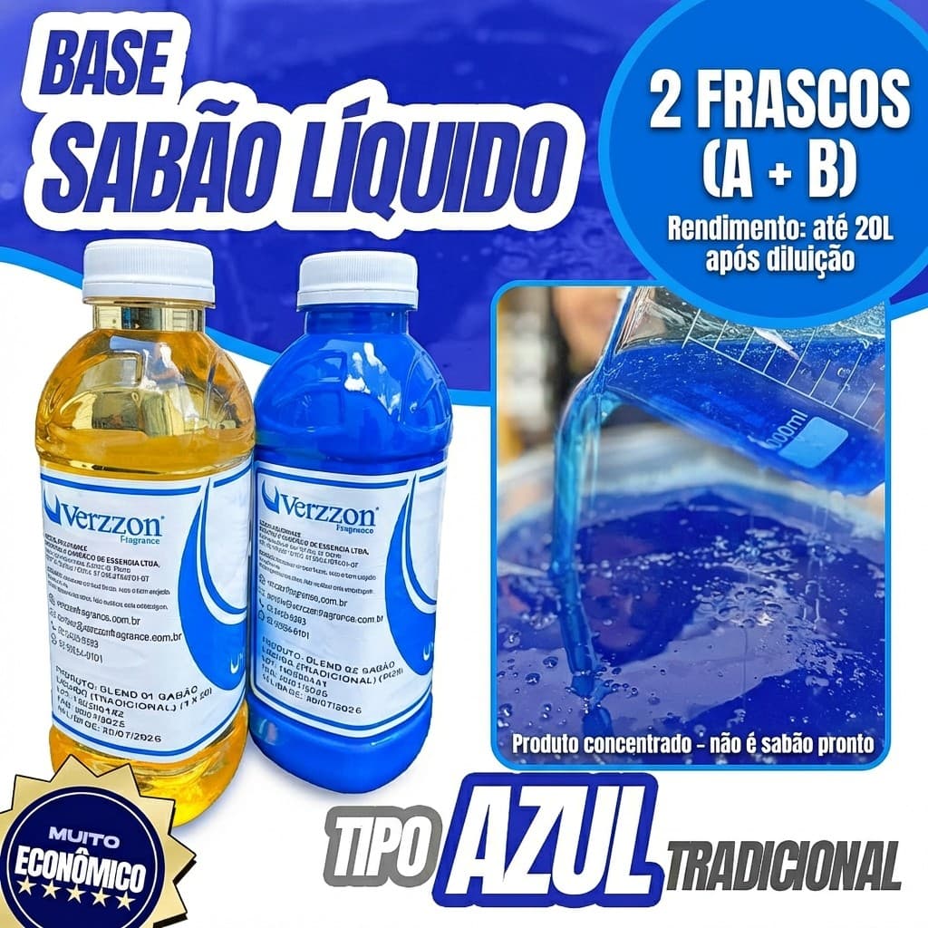 Base Concentrada VERZZON para Sabão Líquido AZUL TRADICIONAL - 2 FRASCOS JUNTOS(blend 1 + blend 2) rendem até 20L
