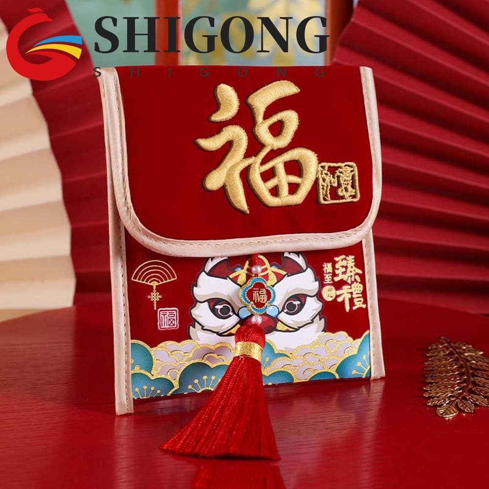Carteira Vermelha De Ano Novo Chinês SHIGONG , Bolsa De Dinheiro Infantil De Poliéster Bordado , Pacote Da Sorte Bênção
