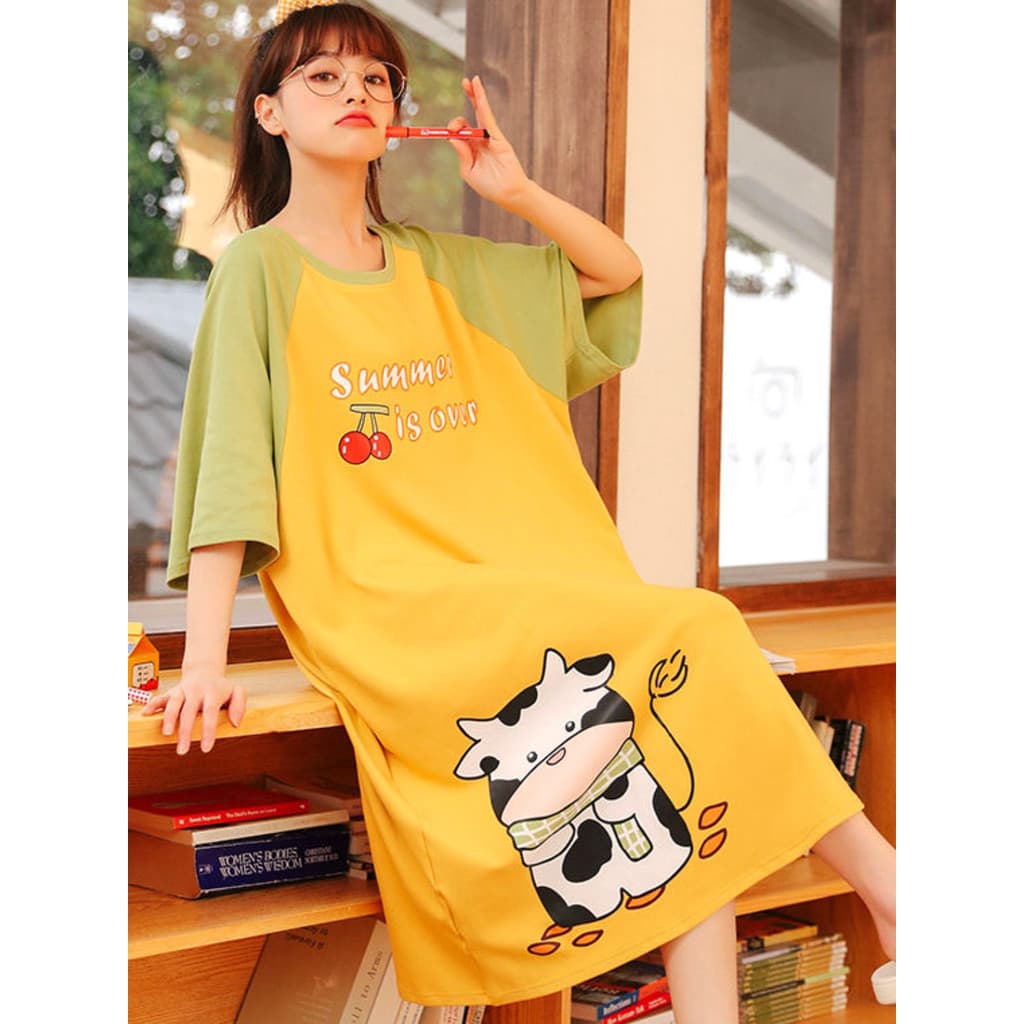 Bonito camisola senhoras verão de manga curta algodão dos desenhos animados pijamas Plus Size estilo fino maternidade Ho