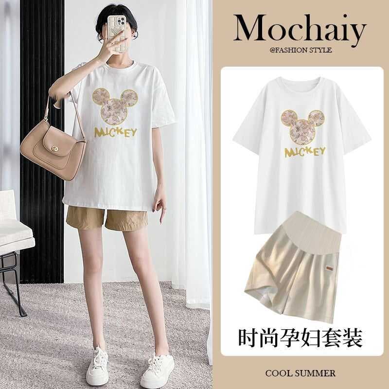 Roupa de maternidade terno de verão novo estilo solto manga curta camiseta feminina algodão puro estilo moda maternidade