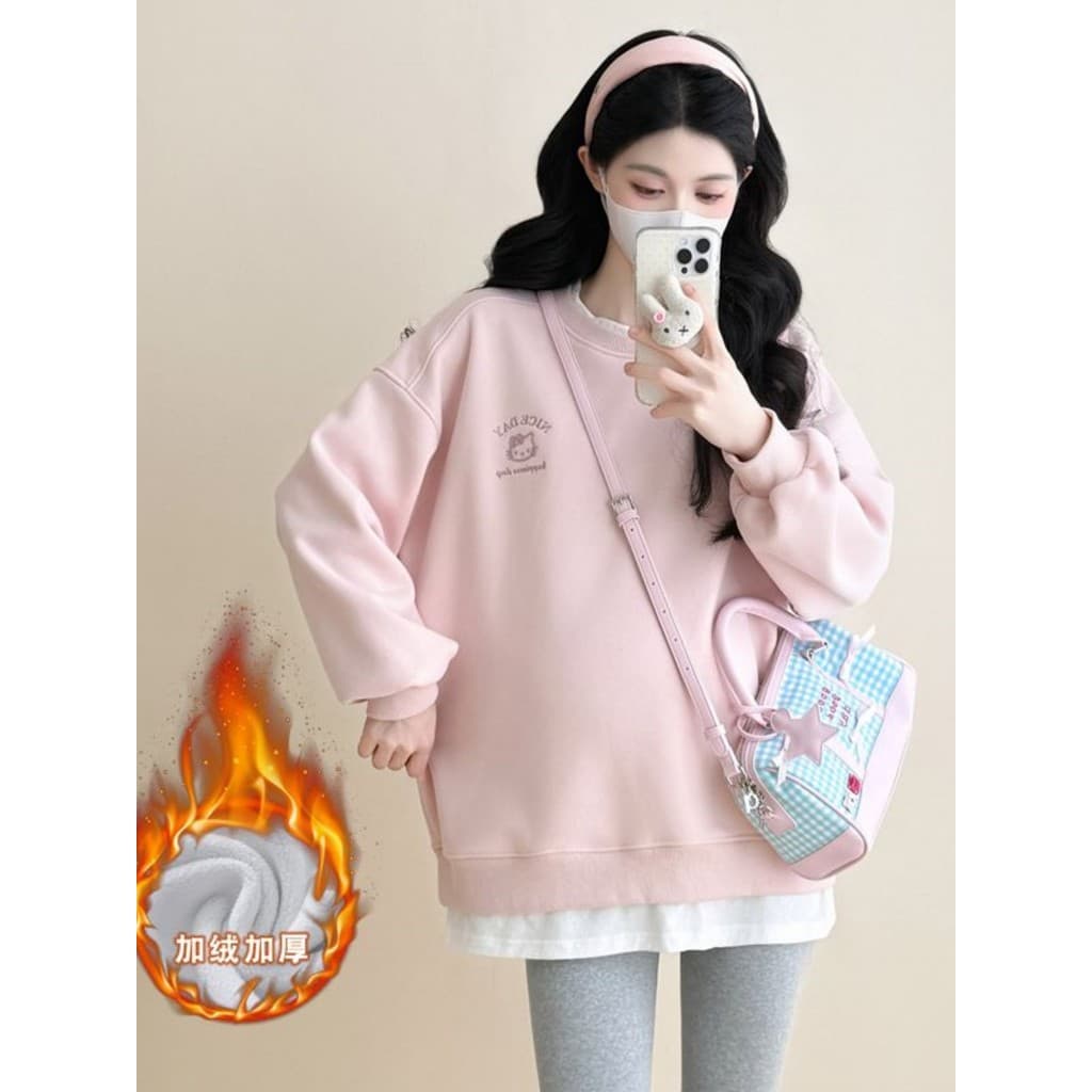 Terno de maternidade falso moletom de duas peças feminino outono inverno forro de lã gatinho bordado rosa capa solta bar