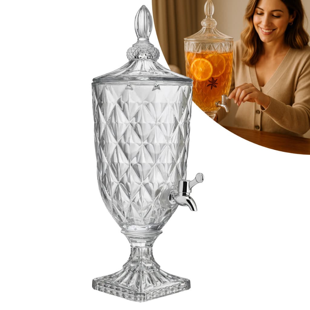 Suqueira de Vidro 5 / 3 Litros com Torneira  | Jarra Cristal Diamante com Tampa