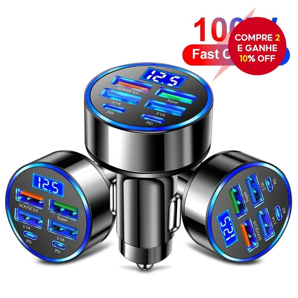 Carregador de carro com 6 portas, carregamento rápido PD QC3.0, adaptador USB C para iPhone.