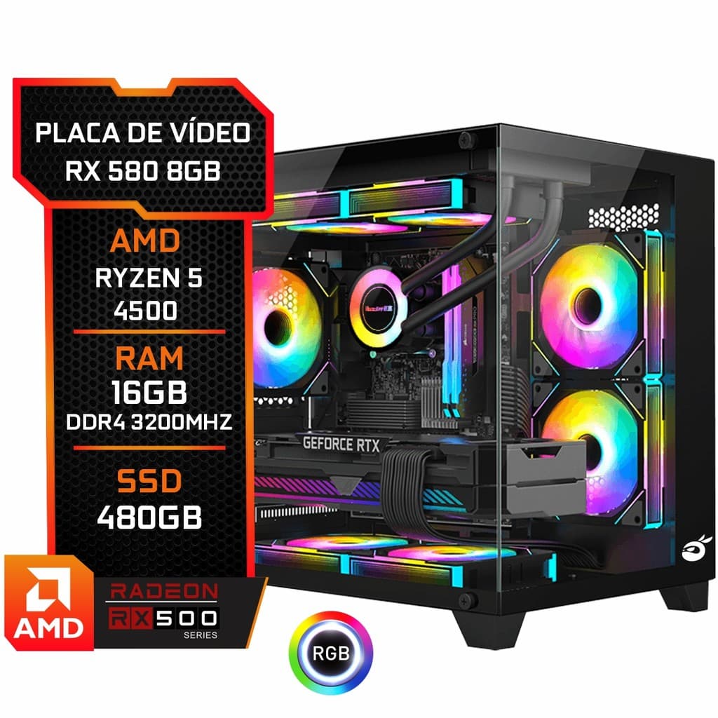 Pc Gamer RX 580 8GB, AMD Ryzen 5 4500, 16GB DDR4, SSD 480GB