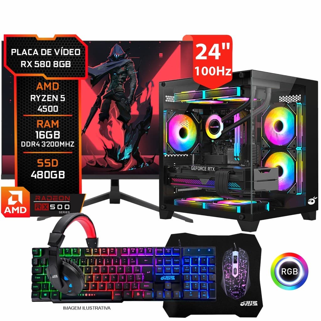Pc Gamer Completo RX 580 8gb, Ryzen 5 4500, 16GB DDR4, SSD 480GB, Monitor 24" 100Hz, Kit Periféricos