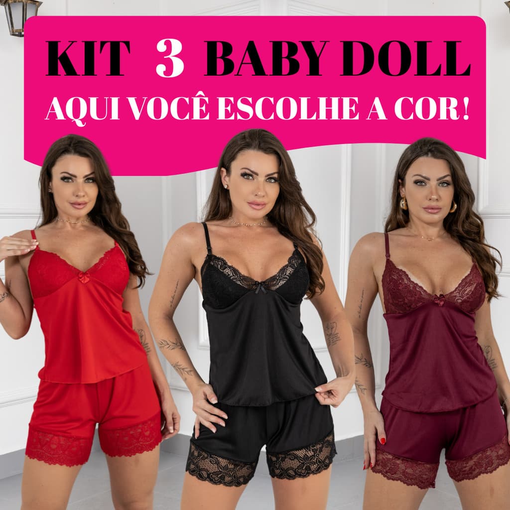 Kit com 3 Baby Doll Short Doll Pijama Feminino Verão