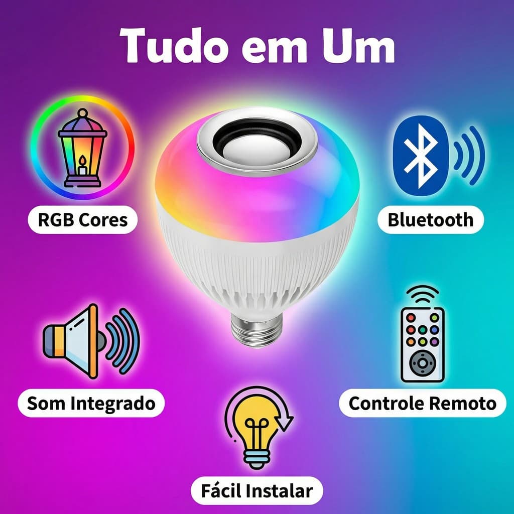 Lâmpada LED Musical Bluetooth RGB E27 com Controle Remoto 12W