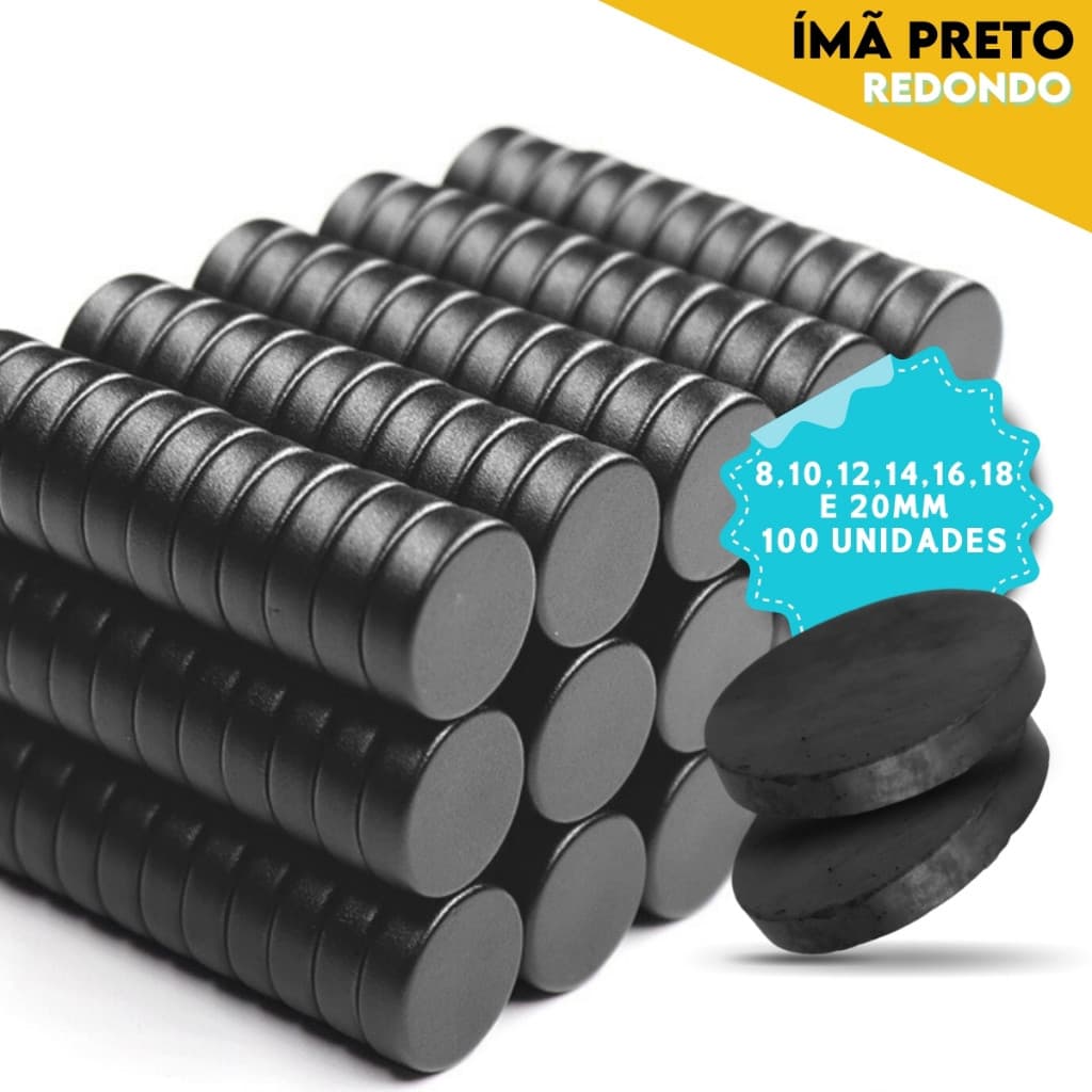 Ímã Redondo Preto Kit 100 Unidades – 8mm a 20mm – Alta Fixação para Artesanato e Escritóri
