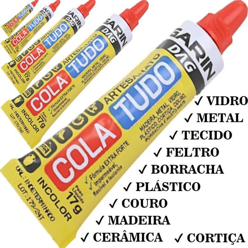 kits até 5 COLA TUDO  Artesanato Incolor Garin - Madeiras, Fórmicas, Couros, Borrachas, Cerâmicas, Vidros, Gesso, Acríl
