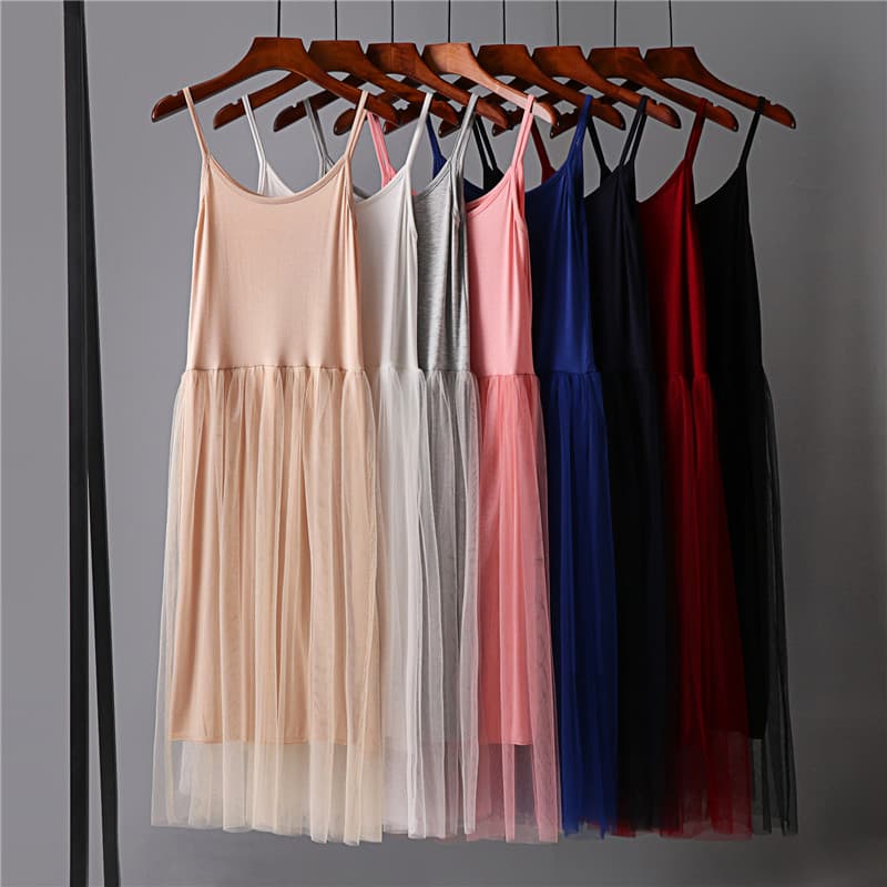 Estilo fino Modal malha estilingue vestido costura renda gaze interior vestido longo tamanho grande saia de fundo femini