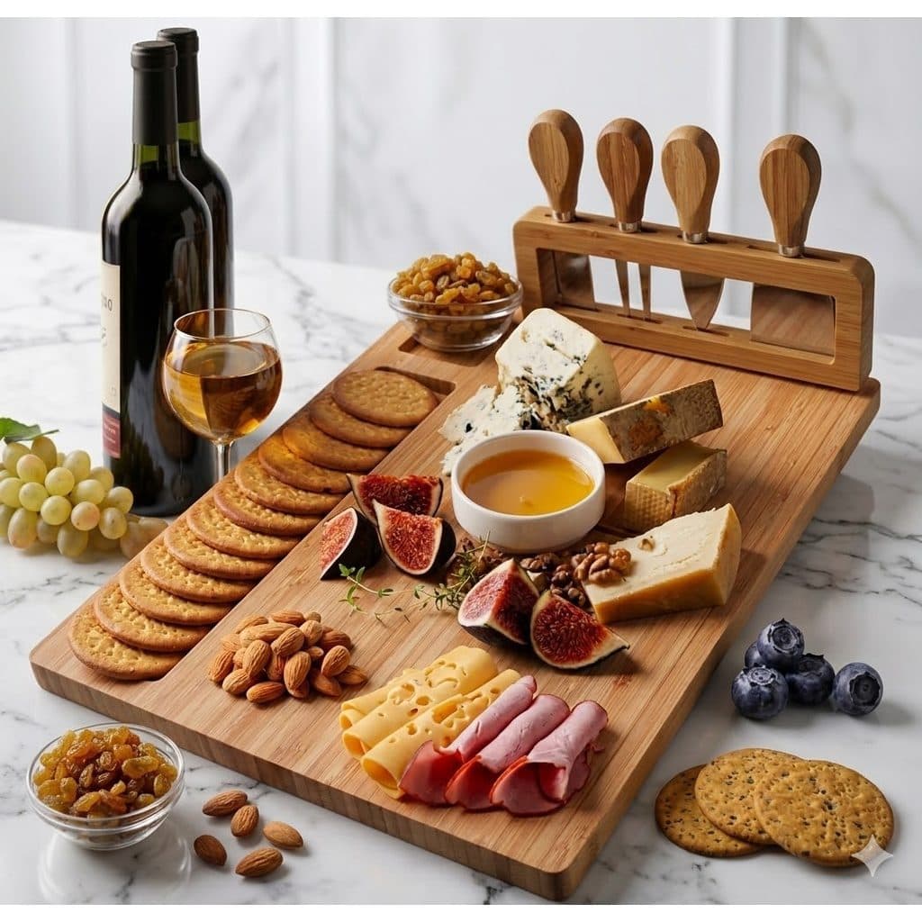 Kit Tábua De Frios Queijo Petisqueira Em Bambu Espátulas 04 Peças Servir Petiscos Frios e Vinho