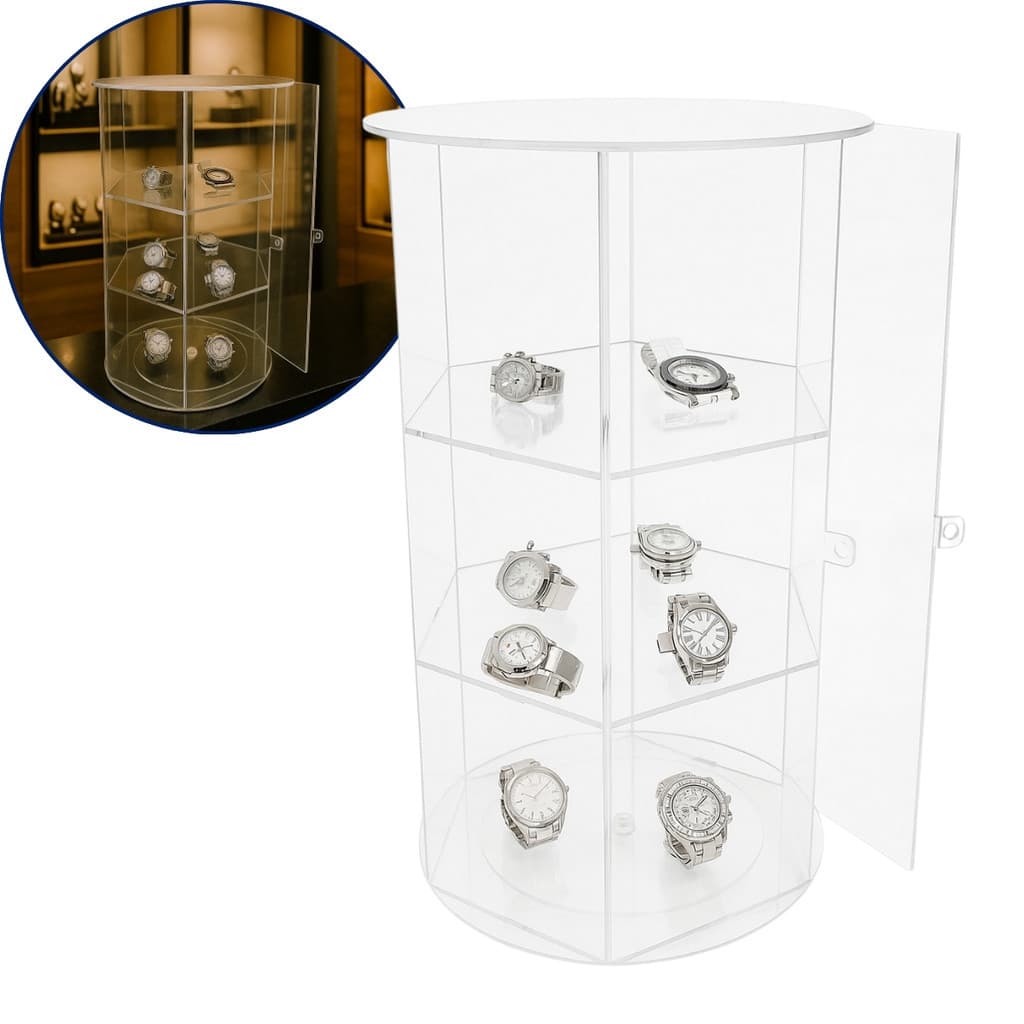Expositor Carrossel Giratório Relógios Acrílico Cristal 3 Andares Porta Trava Semi Joias Balcão
