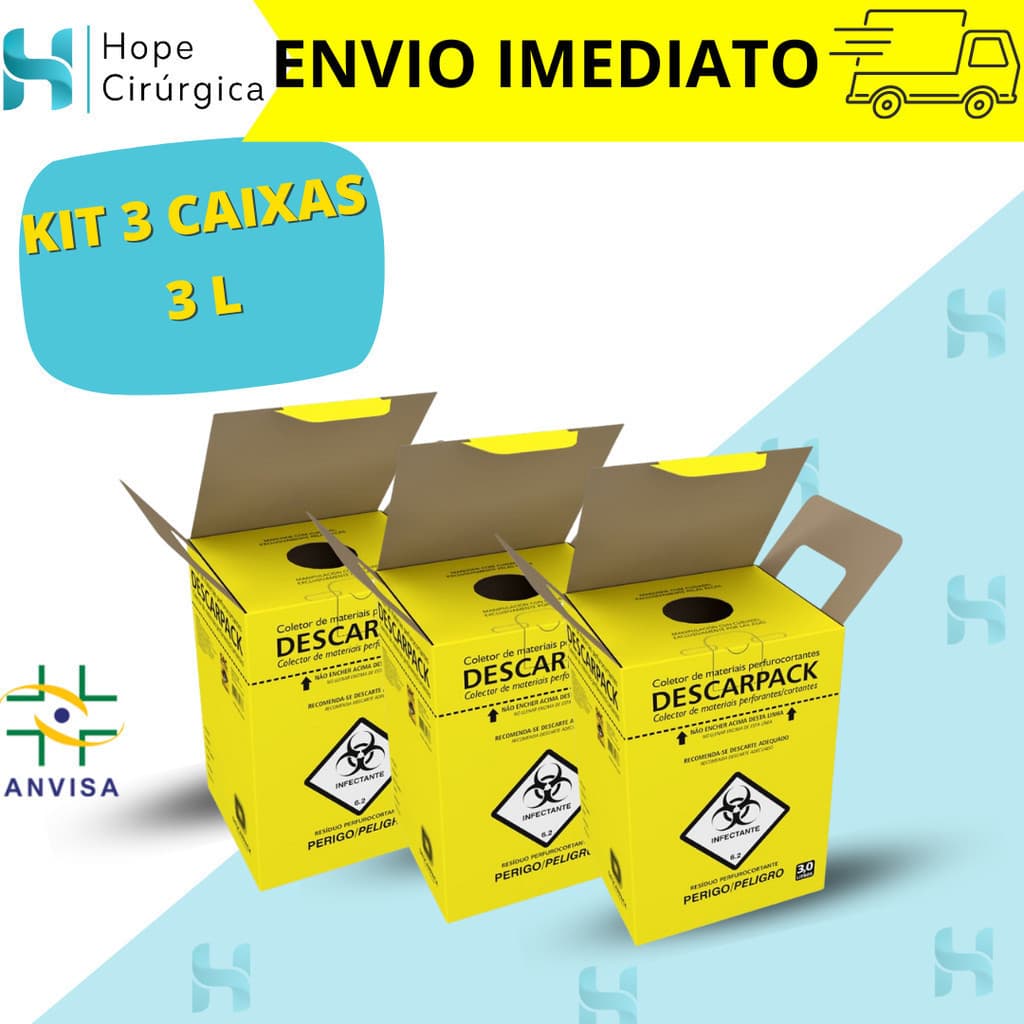 KIT 3 CAIXAS Descarpack - Caixa Perfuro Cortante Coletor (03-Litros)