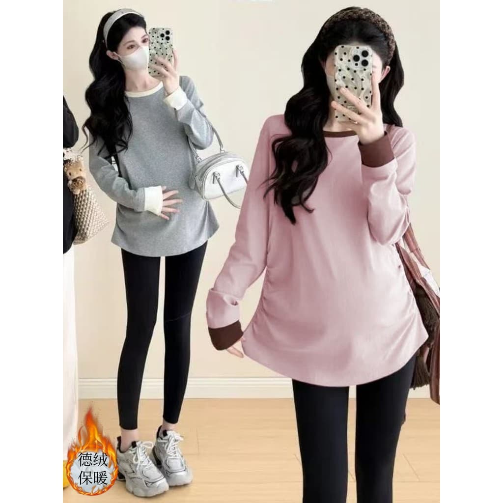 Roupa de maternidade outono inverno alemão veludo quente interior topo feminino solto mais magro olhar All-Match Casual 