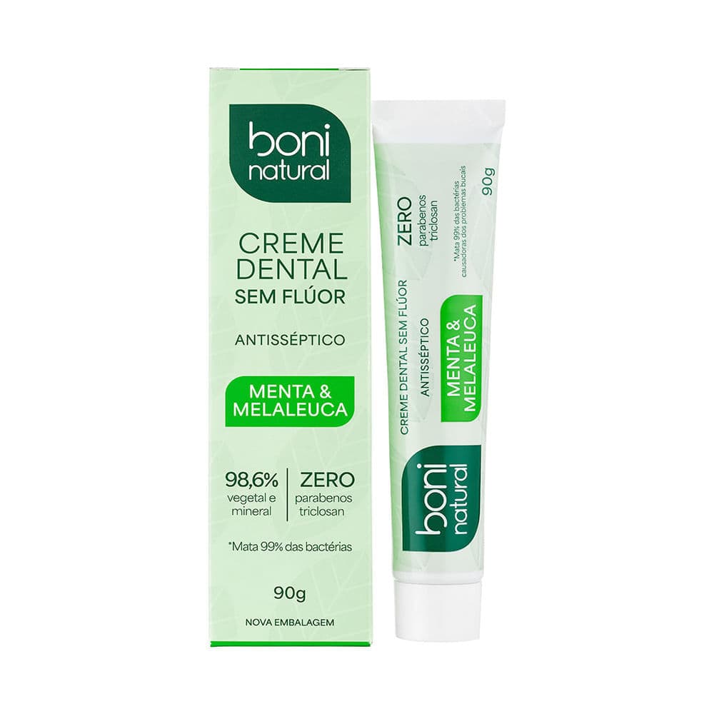 Creme Dental Boni Natural Antisséptico Menta e Melaleuca Sem Flúor 90g