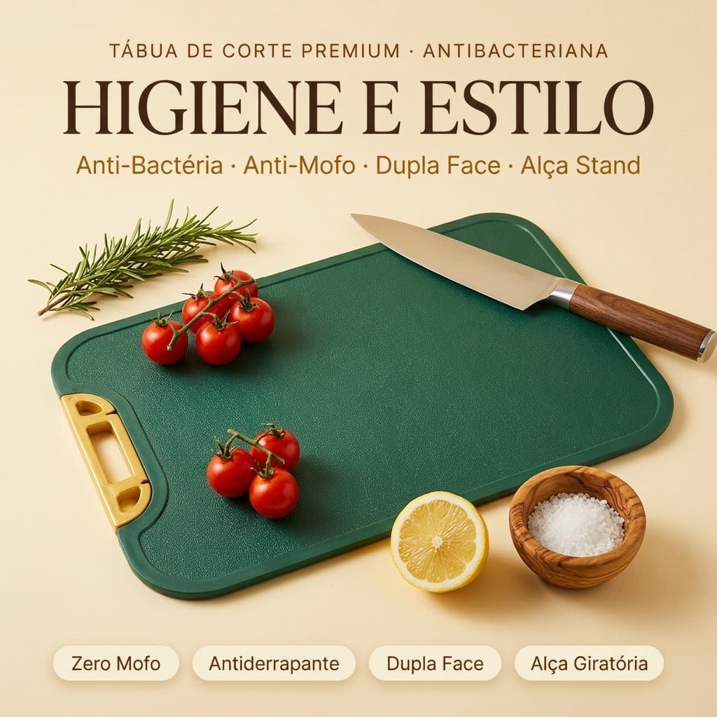 Tábua de Corte Antibacteriana Retangular com Alça Antirrachadura | Antimofo e Antiderrapante para Cozinha