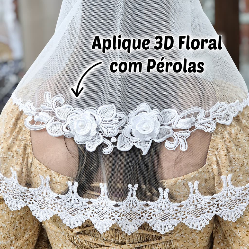 Véu Ccb Congregação Cristã Aplique Floral 3D Com Pérolas Entremeio Com Tule Francês (modelo Charlote)