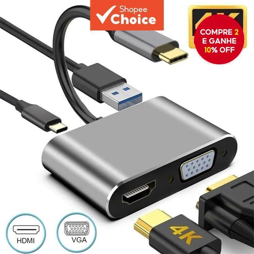 Adaptador Type C HDMI HD 4K VGA USB 3.0 PD para múltiplos portos em display independente para laptop.