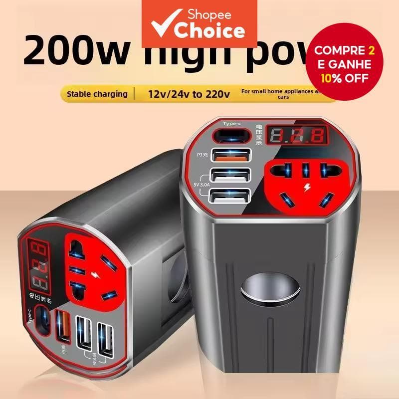Inversor De Energia Multifuncional Para Automóveis Conversor 12V/24V 200W A Bordo De Carregamento Rápido