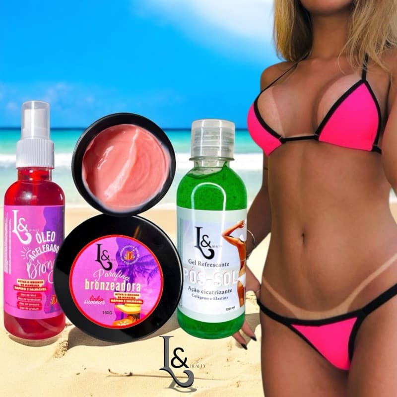Kit Bronzeador 150ml + Parafina Aceleradora L&Beauty Marquinha De Fita Biquíni + Pós sol Cicatrizante
