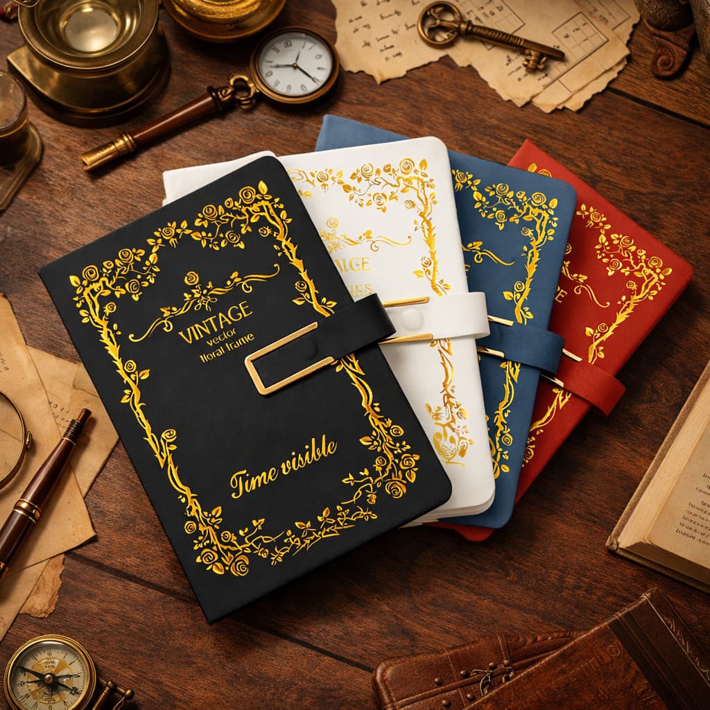 Caderno vintage A5, 200 páginas, fecho magnético, diário elegante, clássico e luxuoso.