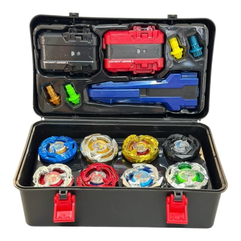 Kit Maleta Piões Com 8 Unidades + 2 Lançadores Piões de Batalha Desafio