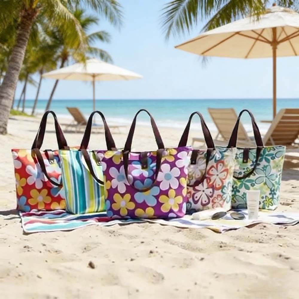 Tote Bag de Praia Floral com Zíper | Bolsa Dobrável Espaçosa Resistente Reutilizável