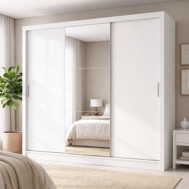 Guarda-Roupa Casal com Espelho 3 Portas de Correr e 4 Gavetas e Plata Branco Branco