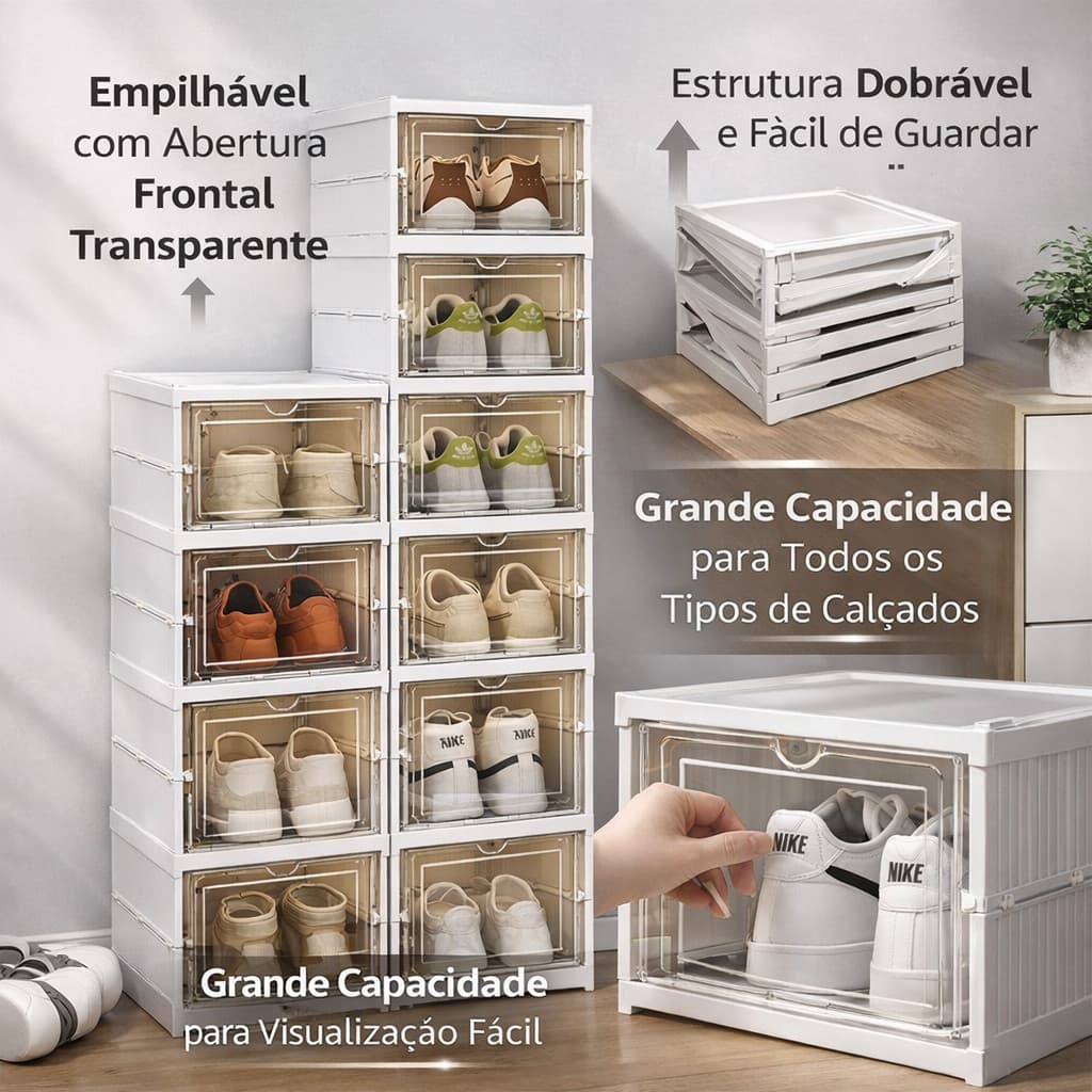 Sapateira Dobrável 9 Andares Transparente com Porta Frontal – Caixa Organizadora Empilhável Anti Poeira