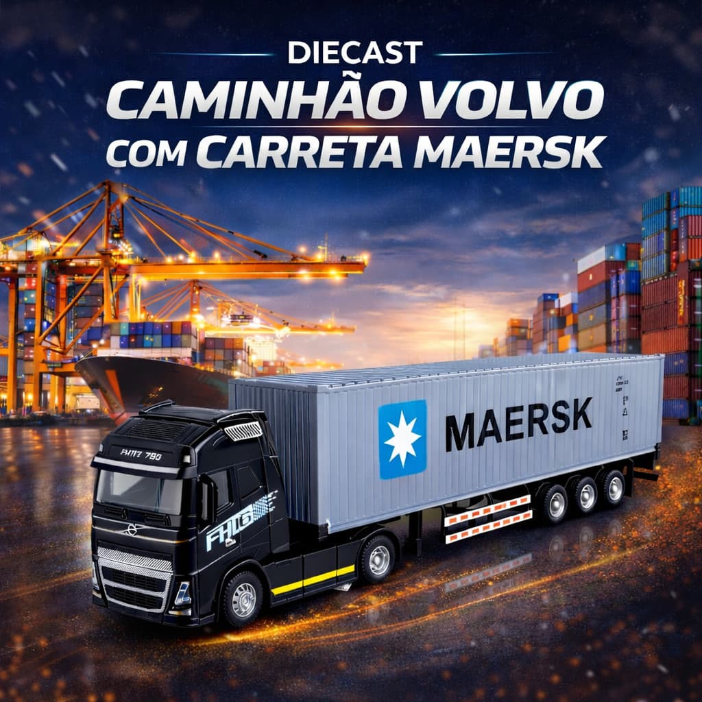 Miniatura Caminhão Volvo Com Container Maersk Farol E Som