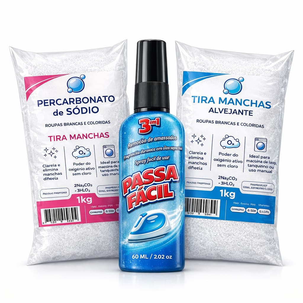 Tira manchas alvejante 1kg + Percarbonato de sódio 1kg + Facilitador Passar Roupas 1Un