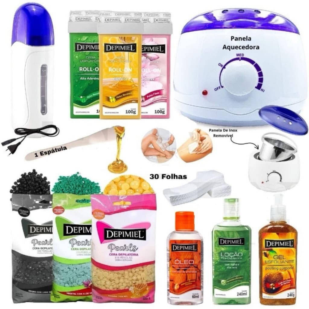 Kit Cera quente depilação Completo Panela + Aquecedor Rolon + Cera