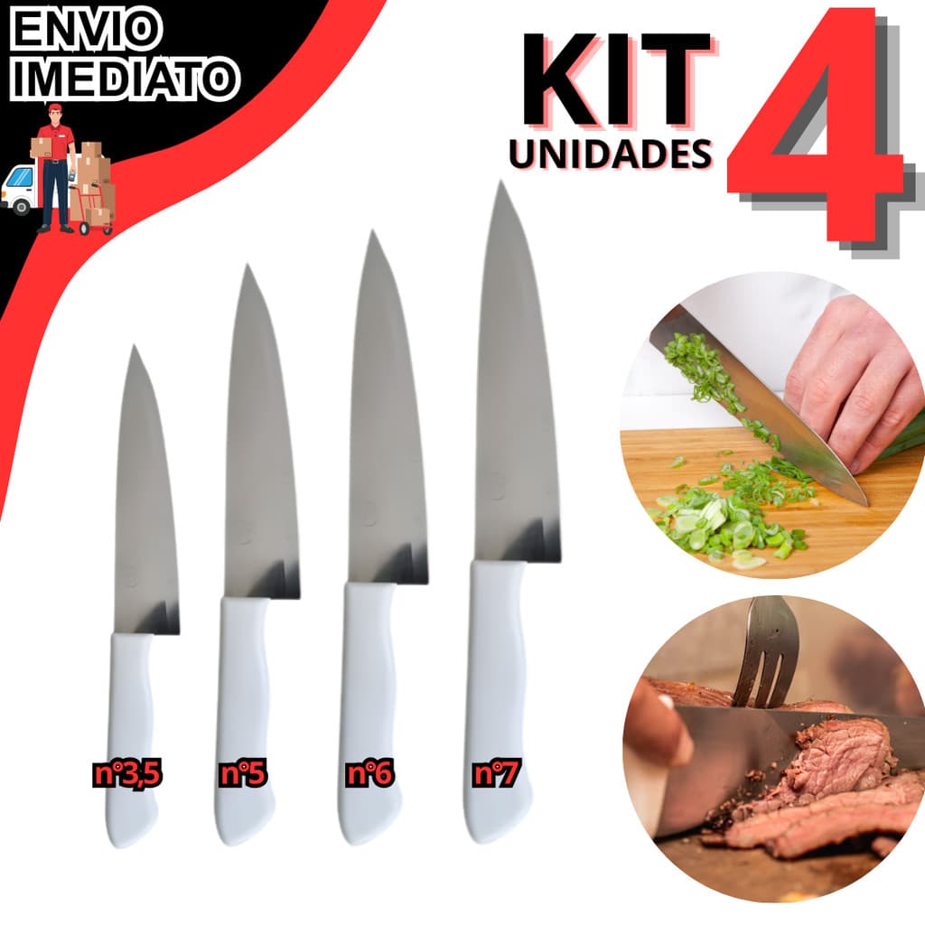 Kit 4 Faca Peixeira Em Inox Cabo Branco N°3,5 5 6 E 7 Para Legumes Carnes Frutas Vegetais Cozinha Utensílio Inox