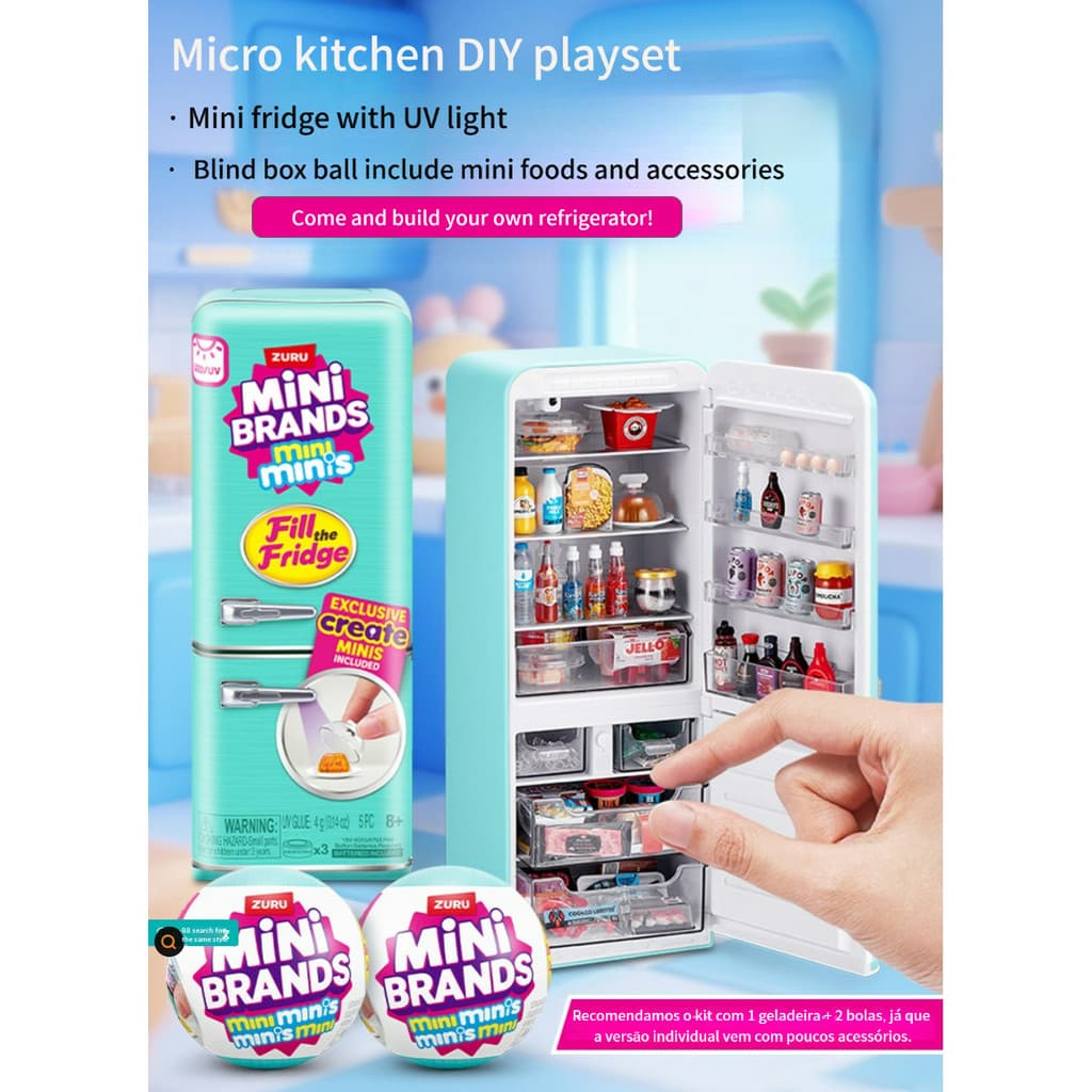 Mini Geladeira Com Luz UV Conjunto De Brinquedos Para Alimentos Micro Kitchen Playset DIY Caixa Cega Crianças